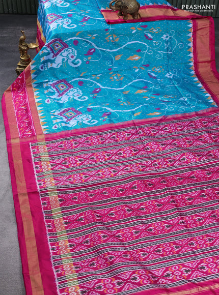 Pochampally silk saree teal bluish green and pink with allover ikat weaves and temple design zari woven ikat border