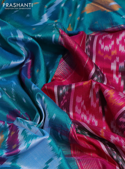 Pochampally silk saree teal bluish green and pink with allover ikat weaves and temple design zari woven ikat border