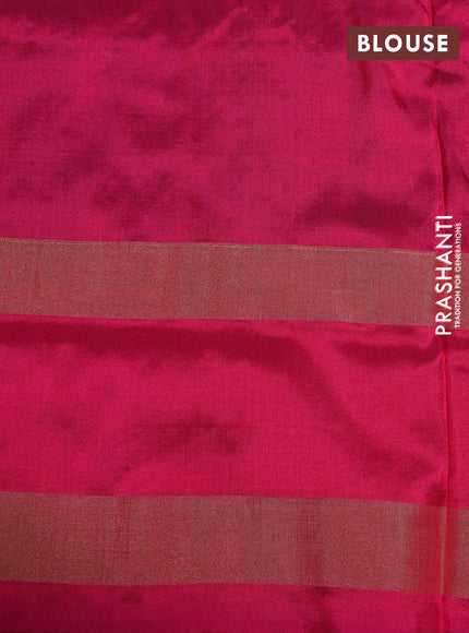 Pochampally silk saree teal bluish green and pink with allover ikat weaves and temple design zari woven ikat border