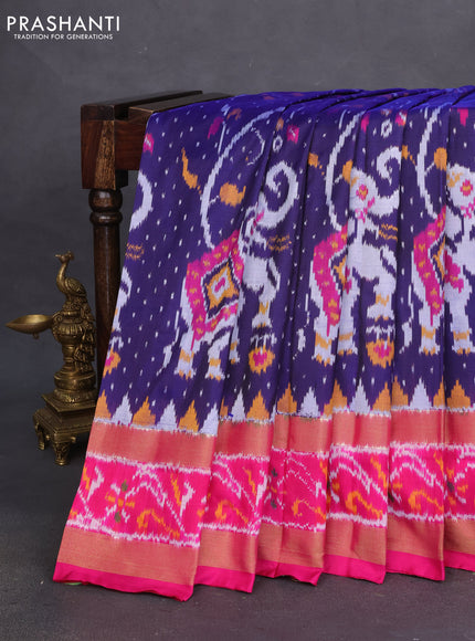 Pochampally silk saree dark blue and pink with allover ikat weaves and temple design zari woven ikat border