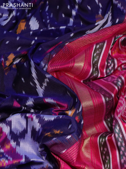 Pochampally silk saree dark blue and pink with allover ikat weaves and temple design zari woven ikat border
