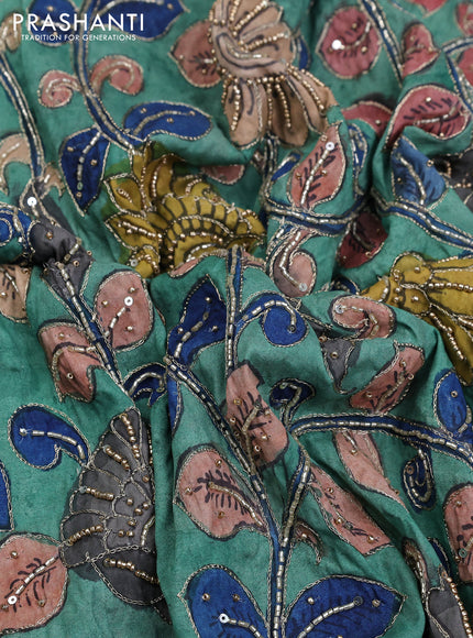 Tussar hand painted blouse bits green with allover kalamkari prints & pita beaded work