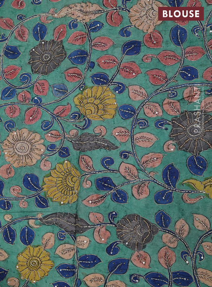Tussar hand painted blouse bits green with allover kalamkari prints & pita beaded work