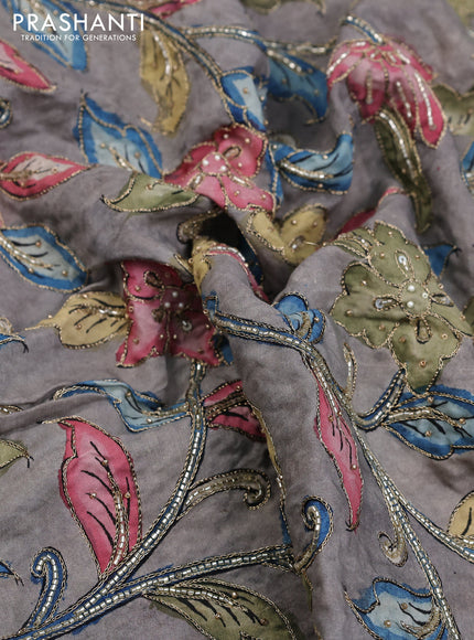 Tussar hand painted blouse bits grey with allover kalamkari prints & pita beaded work
