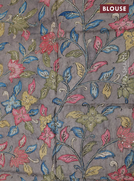 Tussar hand painted blouse bits grey with allover kalamkari prints & pita beaded work