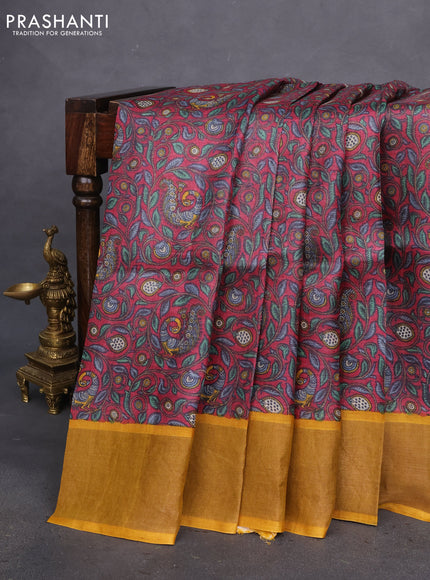 Pure tussar silk saree maroon shade and mustard yellow with allover kalamkari prints and zari woven border