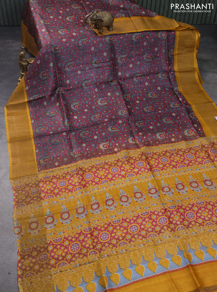 Pure tussar silk saree maroon shade and mustard yellow with allover kalamkari prints and zari woven border