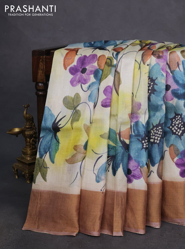 Pure tussar silk saree grey off white and pastel brown with allover hand painted prints and zari woven border