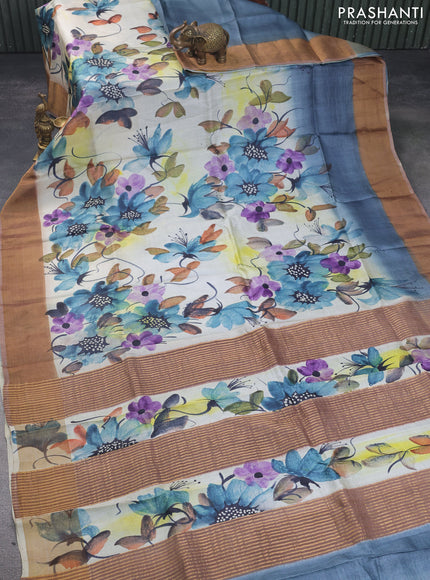 Pure tussar silk saree grey off white and pastel brown with allover hand painted prints and zari woven border
