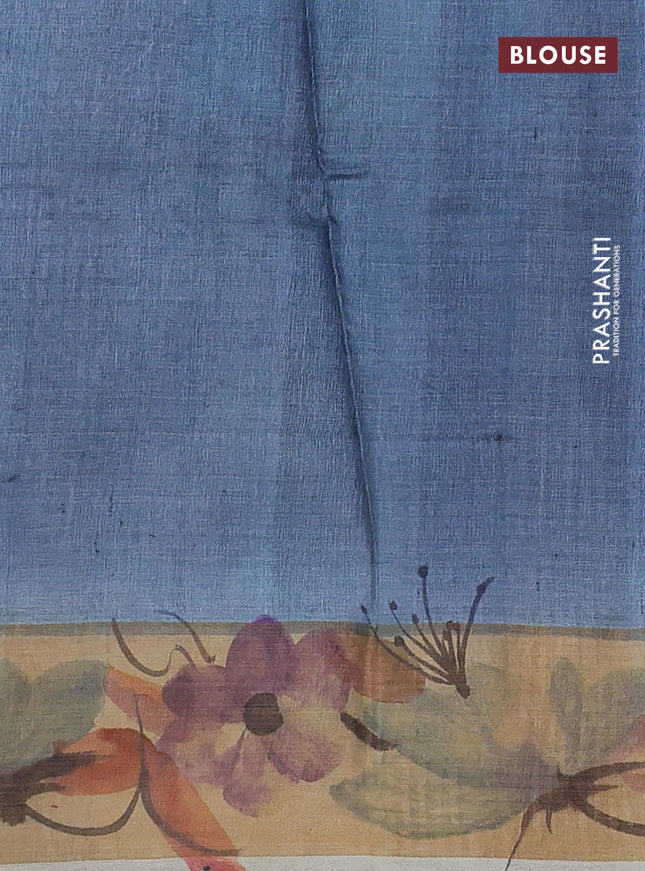 Pure tussar silk saree grey off white and pastel brown with allover hand painted prints and zari woven border