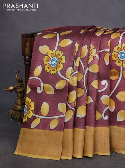 Pure tussar silk saree deep maroon and peach pink mustard shade with allover kalamkari hand painted prints and zari woven border