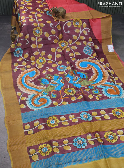 Pure tussar silk saree deep maroon and peach pink mustard shade with allover kalamkari hand painted prints and zari woven border