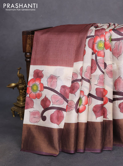 Pure tussar silk saree off white and coffee brown with allover kalamkari hand painted prints and zari woven border