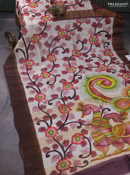 Pure tussar silk saree off white and coffee brown with allover kalamkari hand painted prints and zari woven border