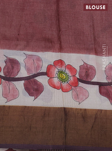 Pure tussar silk saree off white and coffee brown with allover kalamkari hand painted prints and zari woven border