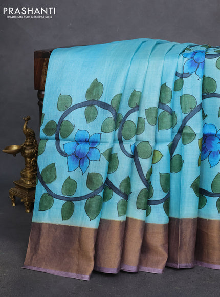 Pure tussar silk saree light blue and wine shade with allover kalamkari hand painted prints and zari woven border