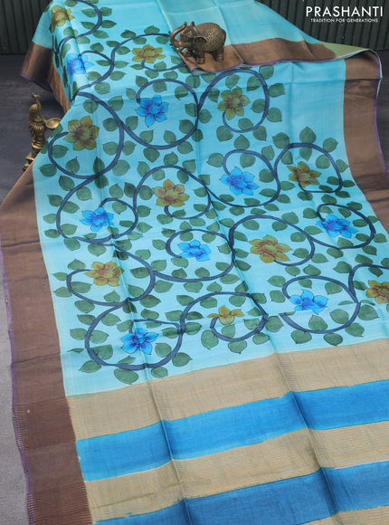 Pure tussar silk saree light blue and wine shade with allover kalamkari hand painted prints and zari woven border
