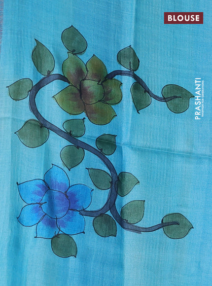Pure tussar silk saree light blue and wine shade with allover kalamkari hand painted prints and zari woven border