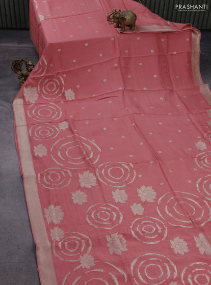 Banarasi silk saree peach pink with allover zari weaves and zari woven border