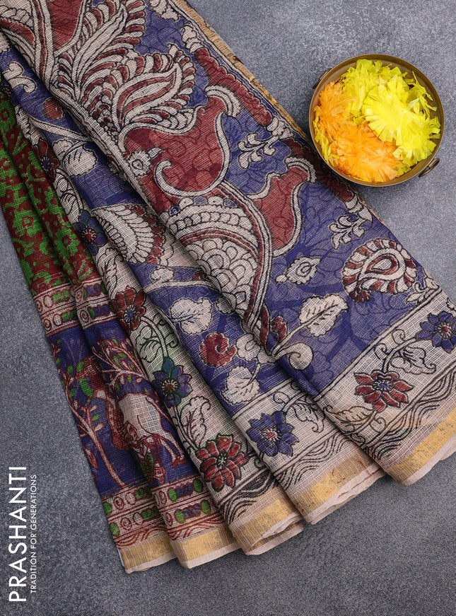 Kota kalamkari saree maroon and blue with allover kalamkari prints and zari woven border