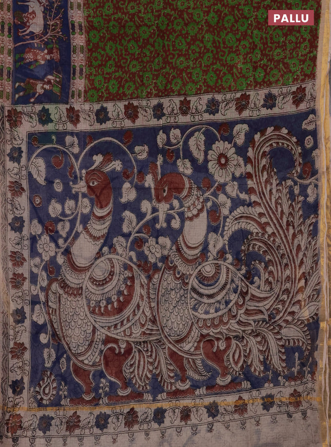 Kota kalamkari saree maroon and blue with allover kalamkari prints and zari woven border