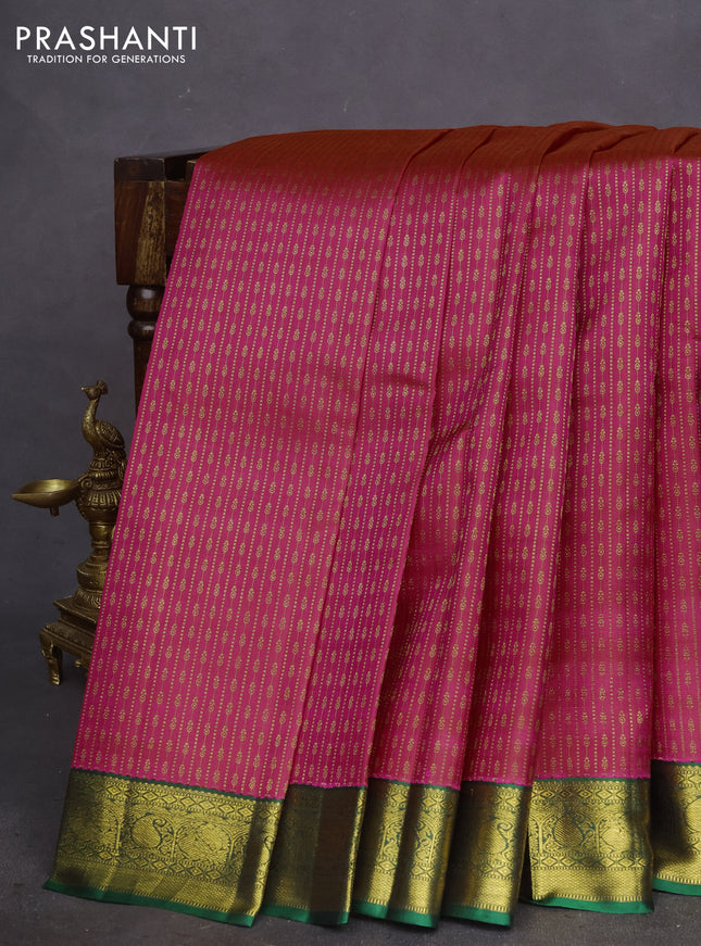 Pure kanchipuram silk saree dual shade of pink and green with allover zari weaves and zari woven korvai border