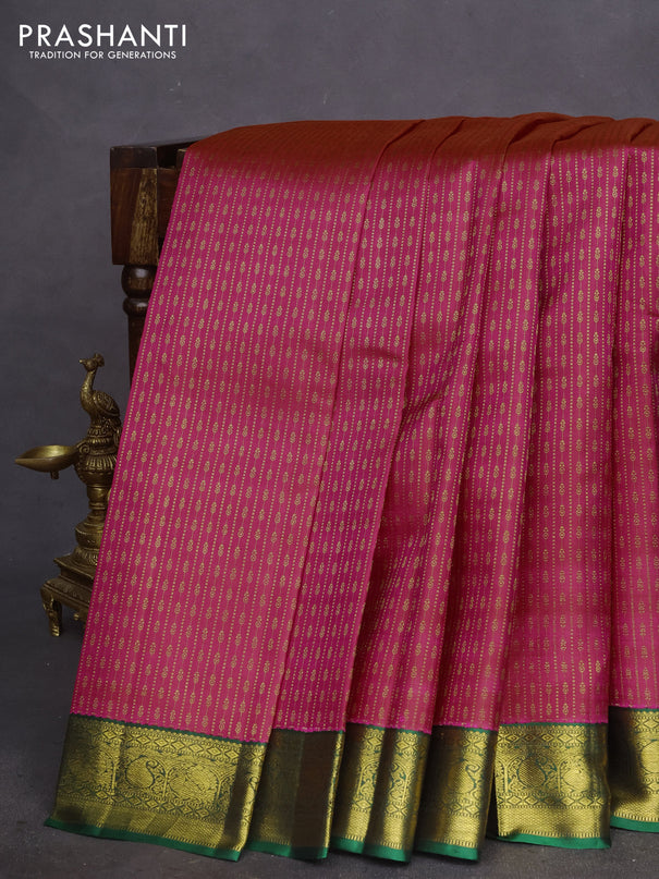Pure kanchipuram silk saree dual shade of pink and green with allover zari weaves and zari woven korvai border