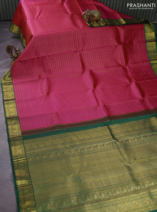 Pure kanchipuram silk saree dual shade of pink and green with allover zari weaves and zari woven korvai border