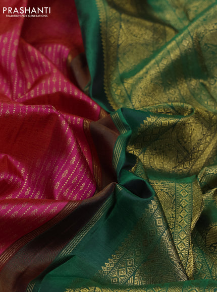 Pure kanchipuram silk saree dual shade of pink and green with allover zari weaves and zari woven korvai border