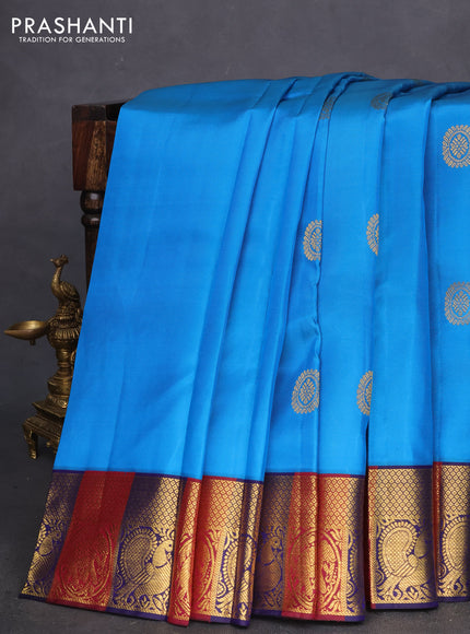 Pure kanchipuram silk saree cs blue and blue & maroon with zari woven buttas and zari woven korvai border