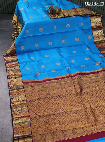 Pure kanchipuram silk saree cs blue and blue & maroon with zari woven buttas and zari woven korvai border