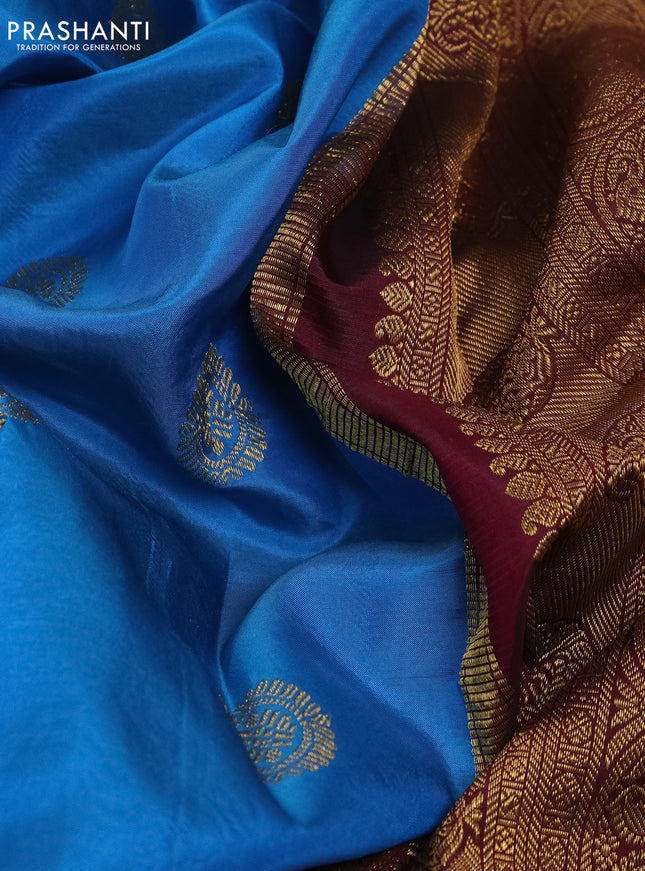 Pure kanchipuram silk saree cs blue and blue & maroon with zari woven buttas and zari woven korvai border