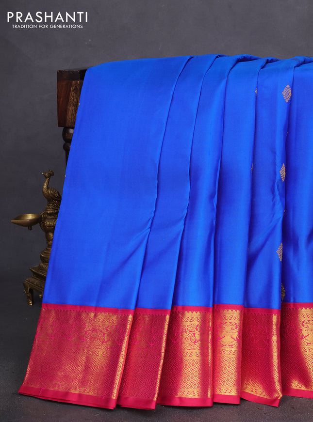 Pure kanchipuram silk saree royal blue and dark pink with zari woven buttas and zari woven korvai border