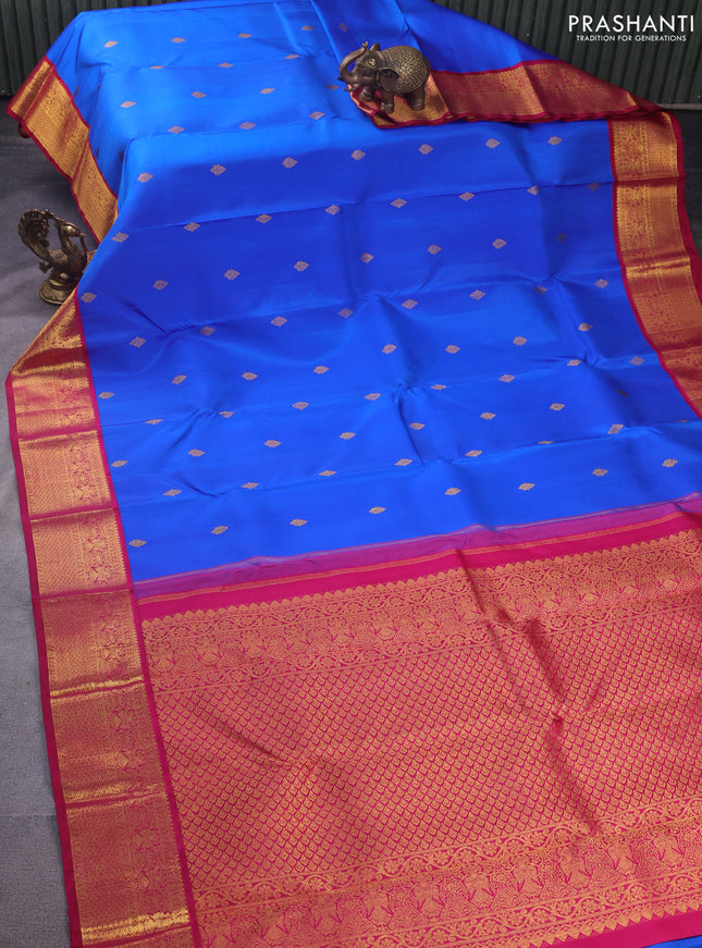 Pure kanchipuram silk saree royal blue and dark pink with zari woven buttas and zari woven korvai border