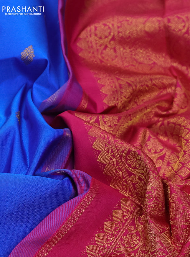 Pure kanchipuram silk saree royal blue and dark pink with zari woven buttas and zari woven korvai border