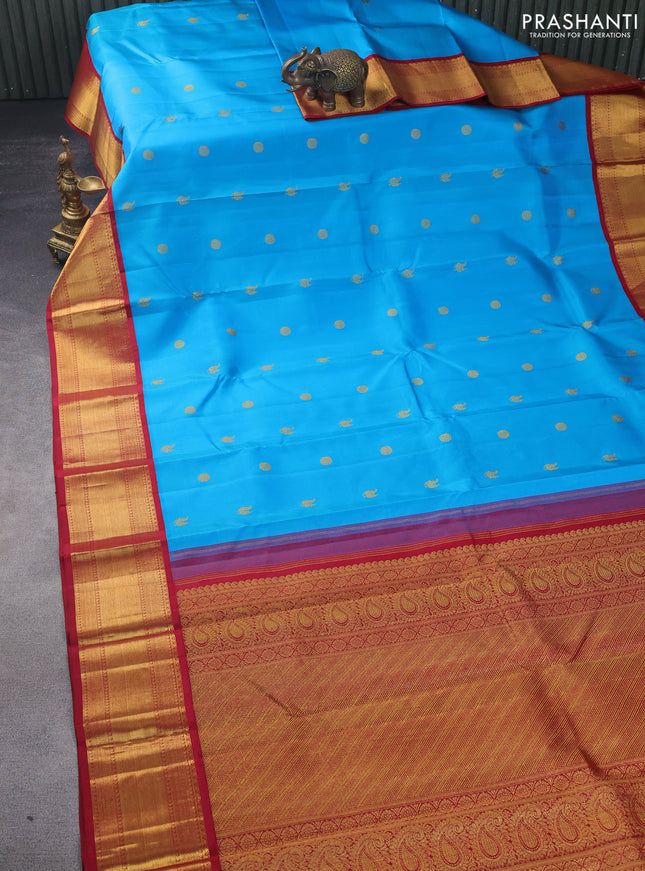 Pure kanchipuram silk saree cs blue and maroon with zari woven buttas and zari woven korvai border