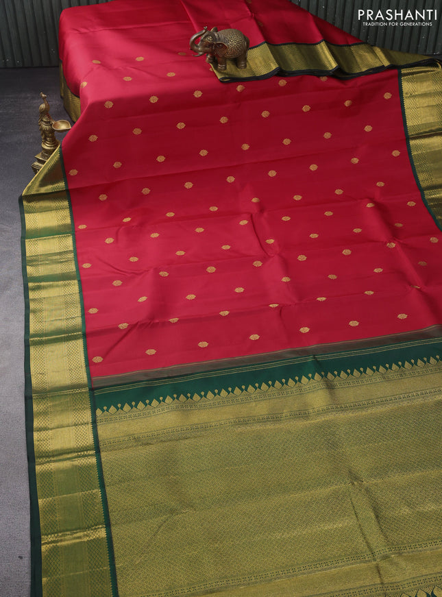 Pure kanchipuram silk saree red and dark green with zari woven buttas and zari woven korvai border