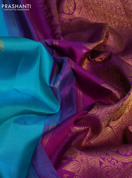 Pure kanchipuram silk saree teal blue and purple with zari woven buttas and annam zari woven korvai border