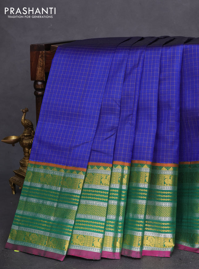 Pure kanchipuram silk saree blue and green with allover zari checked pattern and long zari woven border