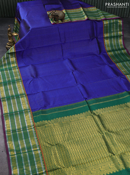 Pure kanchipuram silk saree blue and green with allover zari checked pattern and long zari woven border