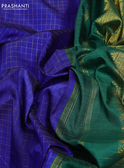 Pure kanchipuram silk saree blue and green with allover zari checked pattern and long zari woven border