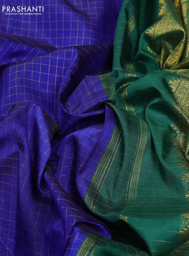 Pure kanchipuram silk saree blue and green with allover zari checked pattern and long zari woven border