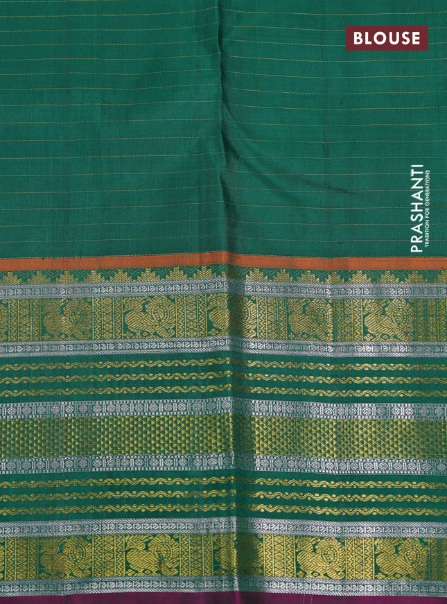 Pure kanchipuram silk saree blue and green with allover zari checked pattern and long zari woven border