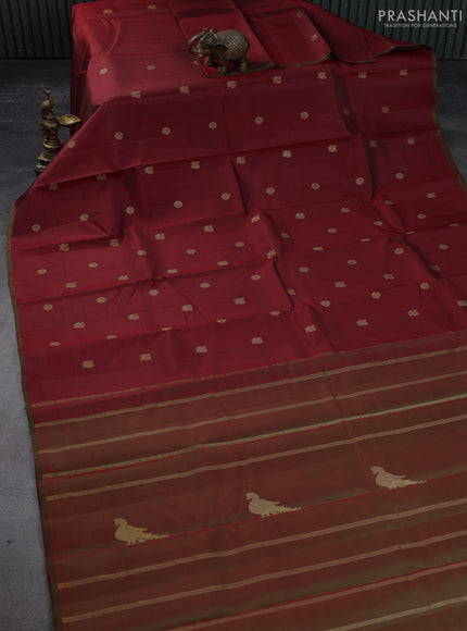 Pure kanchipuram silk saree maroon and dual shade of green with zari woven buttas and piping border