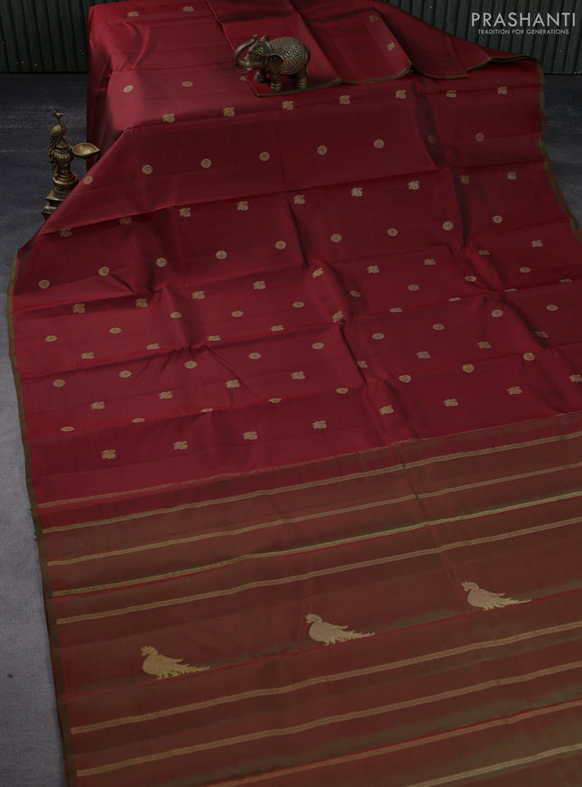 Pure kanchipuram silk saree maroon and dual shade of green with zari woven buttas and piping border