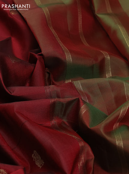 Pure kanchipuram silk saree maroon and dual shade of green with zari woven buttas and piping border