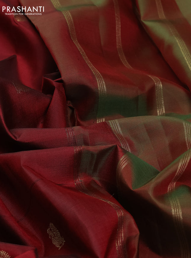 Pure kanchipuram silk saree maroon and dual shade of green with zari woven buttas and piping border