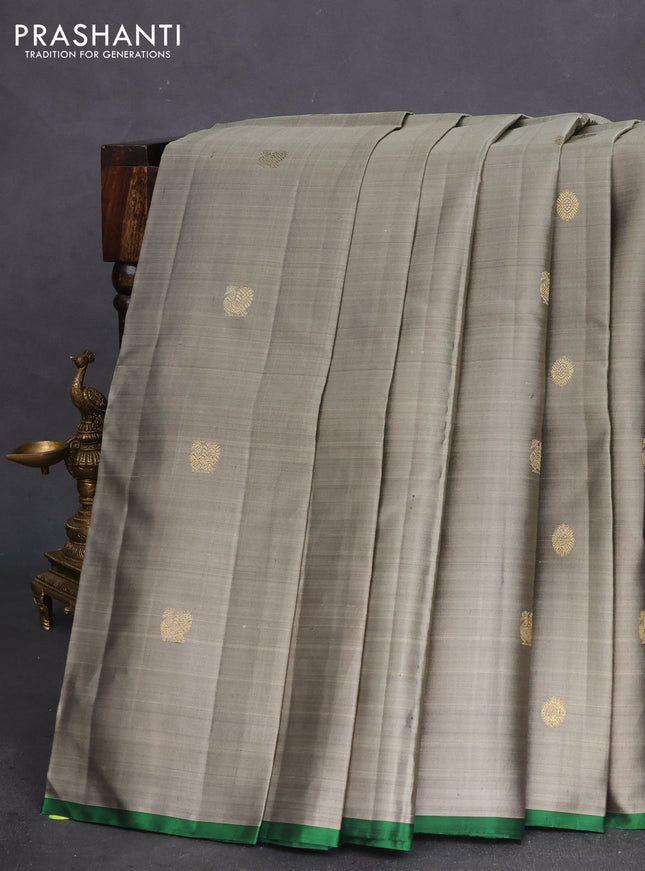 Pure kanchipuram silk saree grey shade and green with zari woven buttas and piping border