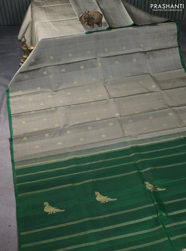 Pure kanchipuram silk saree grey shade and green with zari woven buttas and piping border