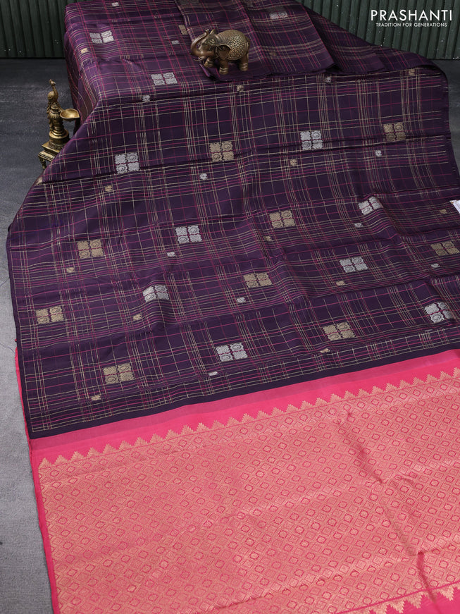 Pure kanchipuram silk saree deep jamun and peach pink with allover thread & zari checked pattern in borderless style